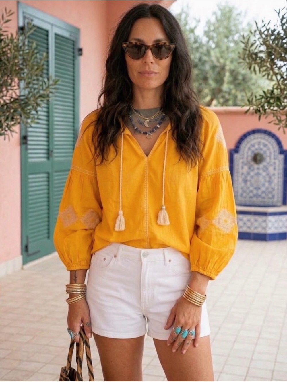 South Main Boho Embroidered Top Marigold Yellow with White Embroidery Size XL